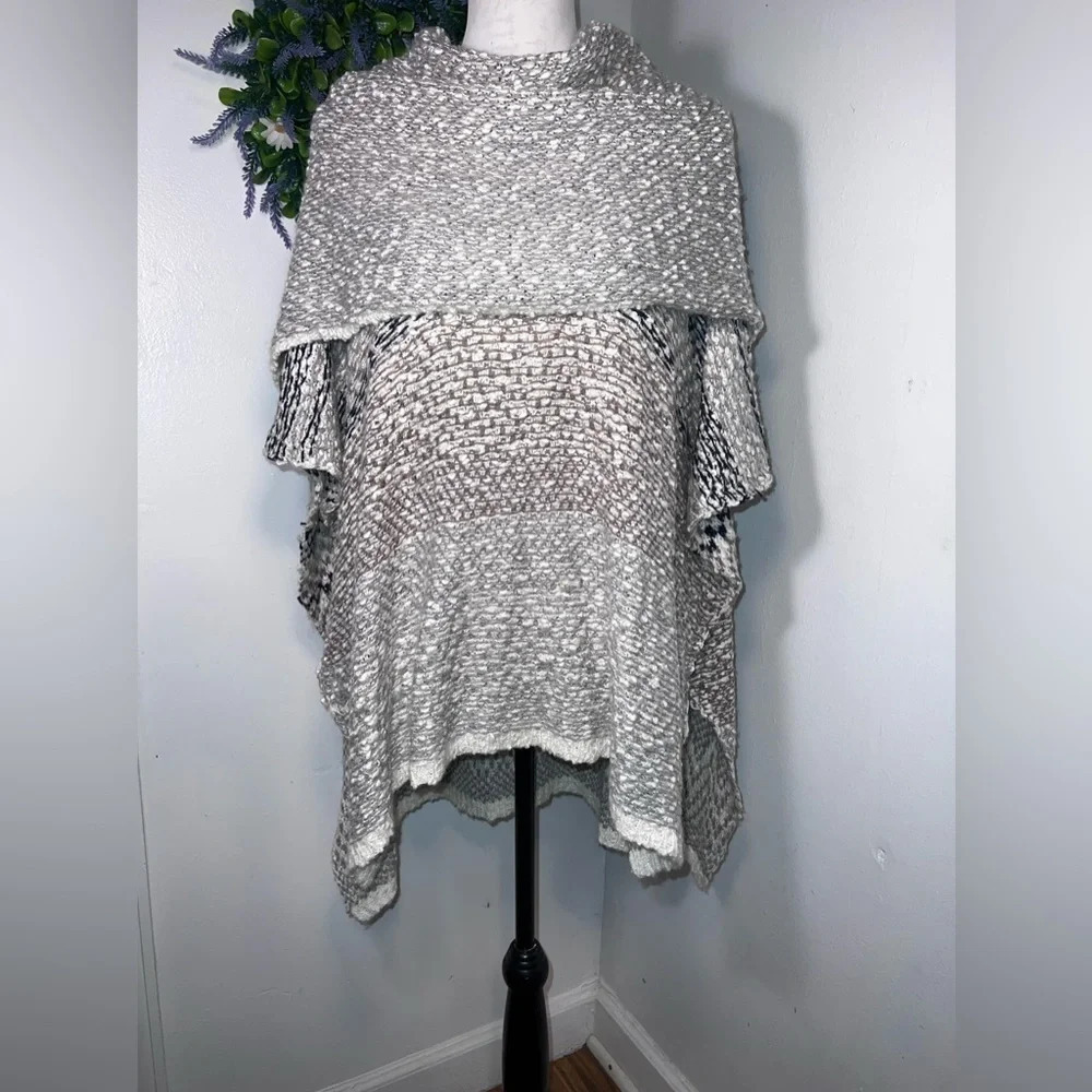 Karlie, OS, bohemian,mohair blend cream gray cowneck poncho sweater asymmetrical